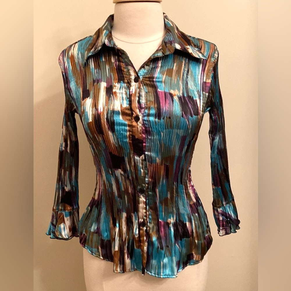 Sere Nade New York Purple Brown Turquoise M Eclectic Artsy Boho Chic Silky Top